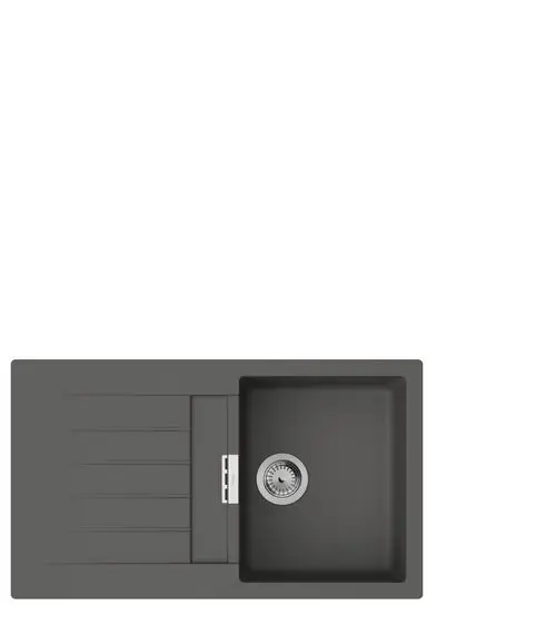 Einbauspüle in steingrau mit integriertem Abtropfbereich von Hansgrohe, rechteckigem Becken und Ablauf.